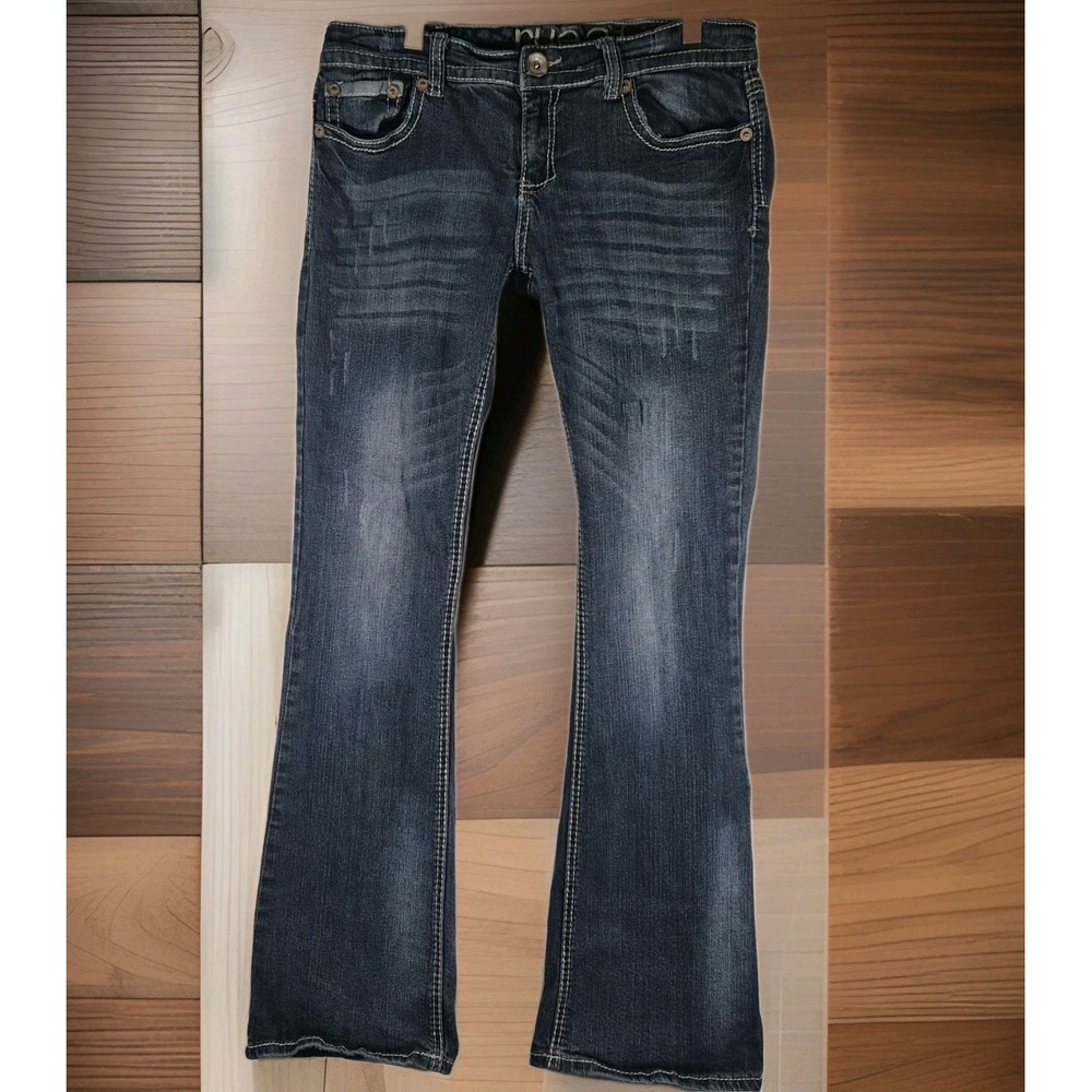 Y2K Rue21 Curvy Jeans 11/12 Bootcut Flare Dark Wash Thick Stitch Low Rise